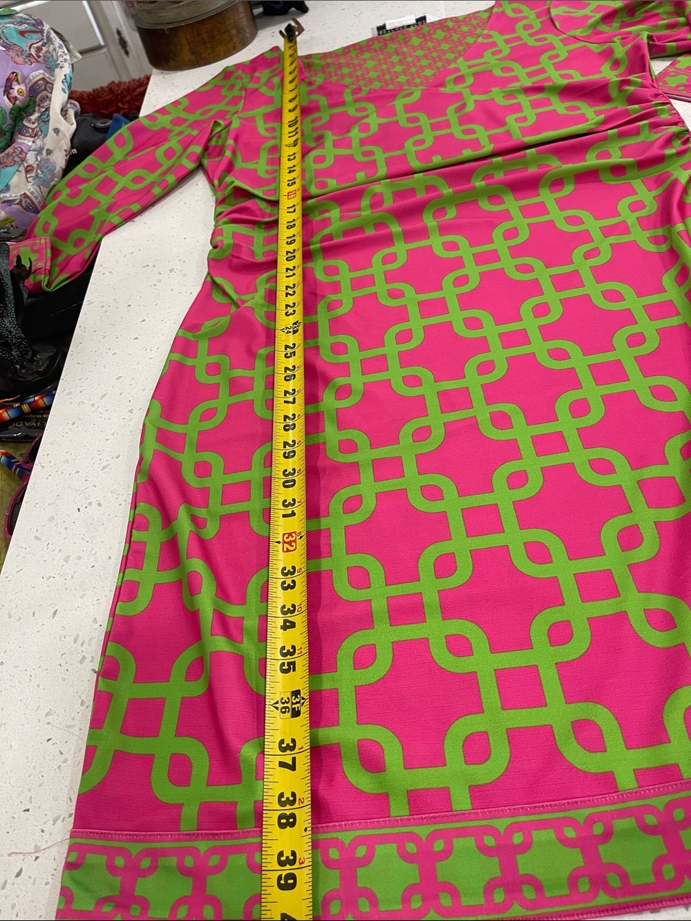 Gretchen Scott NWOT Bright Pink & Green FAUX WRAP Geometric Dress.